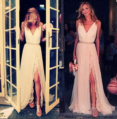 long prom dress,slide slit Prom Dress,ivory prom dress,lace prom dress,evening dress,wedding dress,BD780