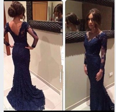 Evening Dress,Mermaid Prom Dress,navy blue prom dress, lace prom dress,BD007