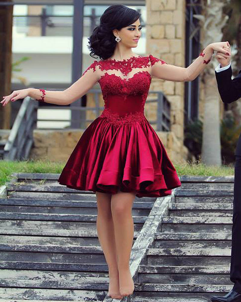 Burgundy Homecoming Dress,Long Sleeve Homecoming Dresses,Elegant Homecoming Dress,short prom Dress,PD00199