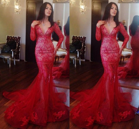 red prom Dress,mermaid Prom Dress,long sleeves prom dress, long prom dress,lace prom dress,BD662