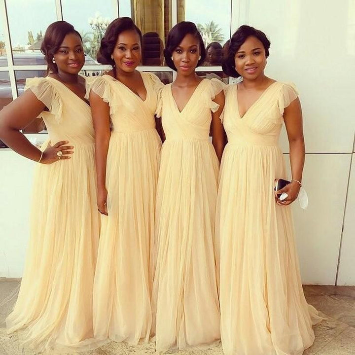 yellow bridesmaid dress,long bridesmaid dress,chiffon bridesmaid dress,v-neck bridesmaid dress,BD1620