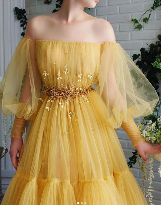 Yellow tulle lace long prom dresses yellow lace tulle formal dress, HO249