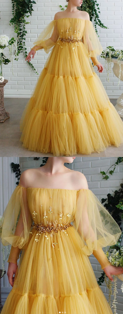 Yellow tulle lace long prom dresses yellow lace tulle formal dress, HO249