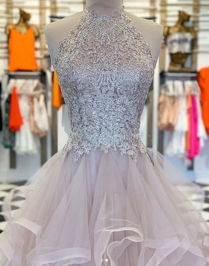 Unique hight neck tulle lace long prom dress tulle formal dresses, HO251