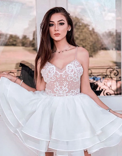 White cute lace tulle short prom dresses homecoming dresses,HO252