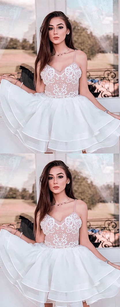 White cute lace tulle short prom dresses homecoming dresses,HO252