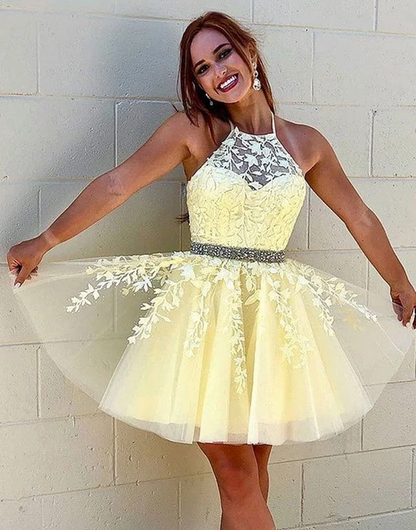 Yellow tulle lace short prom dresses yellow homecoming dresses,HO253