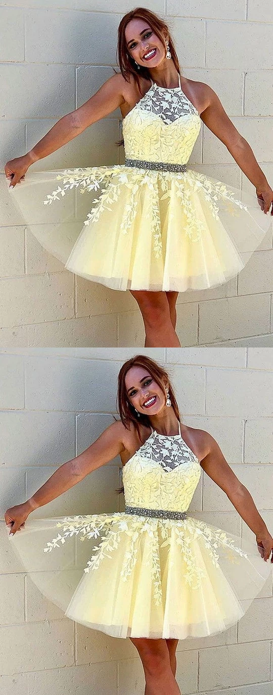 Yellow tulle lace short prom dresses yellow homecoming dresses,HO253