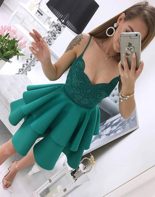 Green v neck satin lace short prom dress green homecoming dresses,HO255