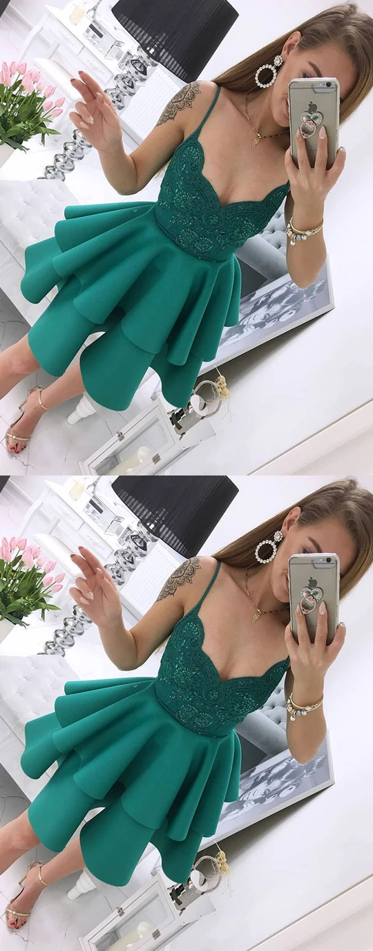 Green v neck satin lace short prom dress green homecoming dresses,HO255