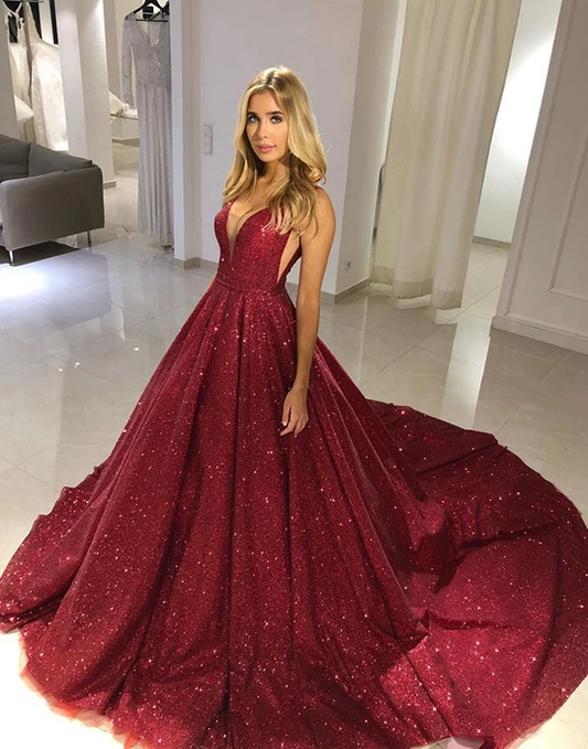 Burgundy v neck tulle sequin long prom dress burgundy formal dress,HO257