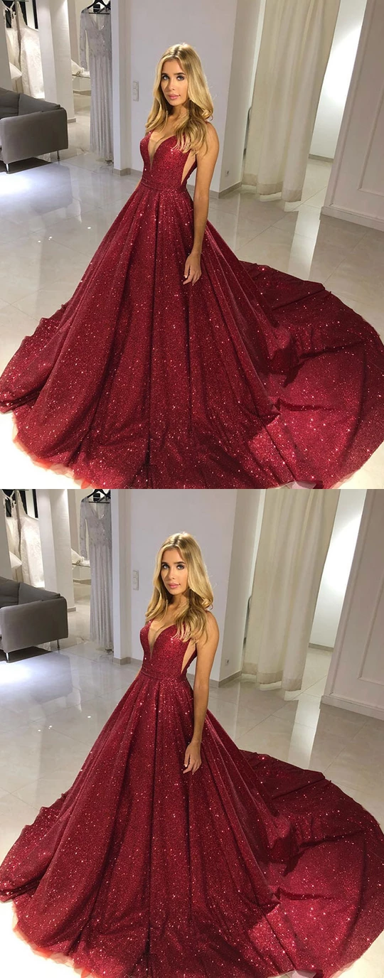 Burgundy v neck tulle sequin long prom dress burgundy formal dress,HO257