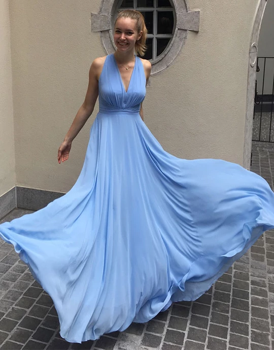 Simple blue chiffon long prom dress blue chiffon evening dresses,HO259