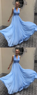 Simple blue chiffon long prom dress blue chiffon evening dresses,HO259
