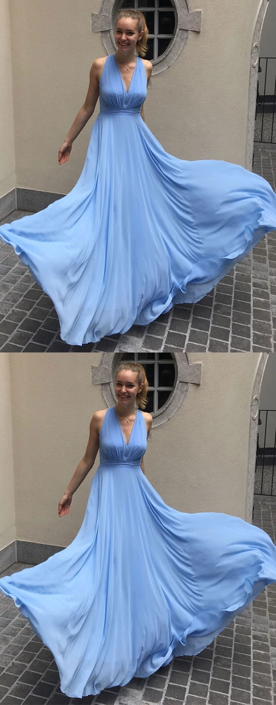 Simple blue chiffon long prom dress blue chiffon evening dresses,HO259