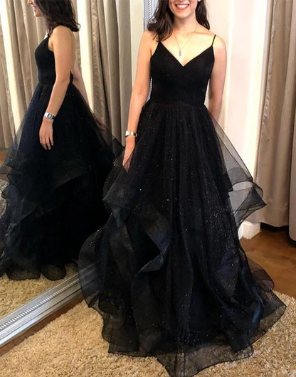 Black sweetheart tulle long prom dresses black evening dresses,HO262