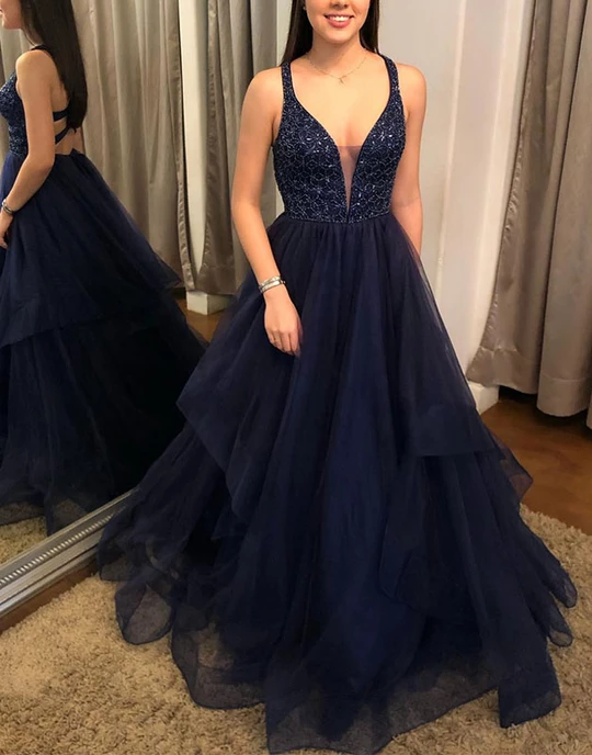 Dark blue tulle v neck long prom dresses tulle formal dresses,HO261