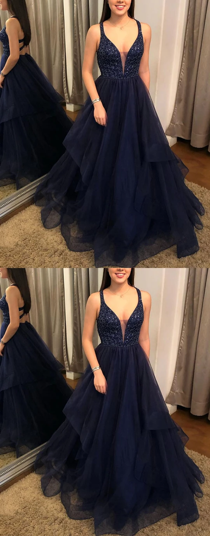 Dark blue tulle v neck long prom dresses tulle formal dresses,HO261