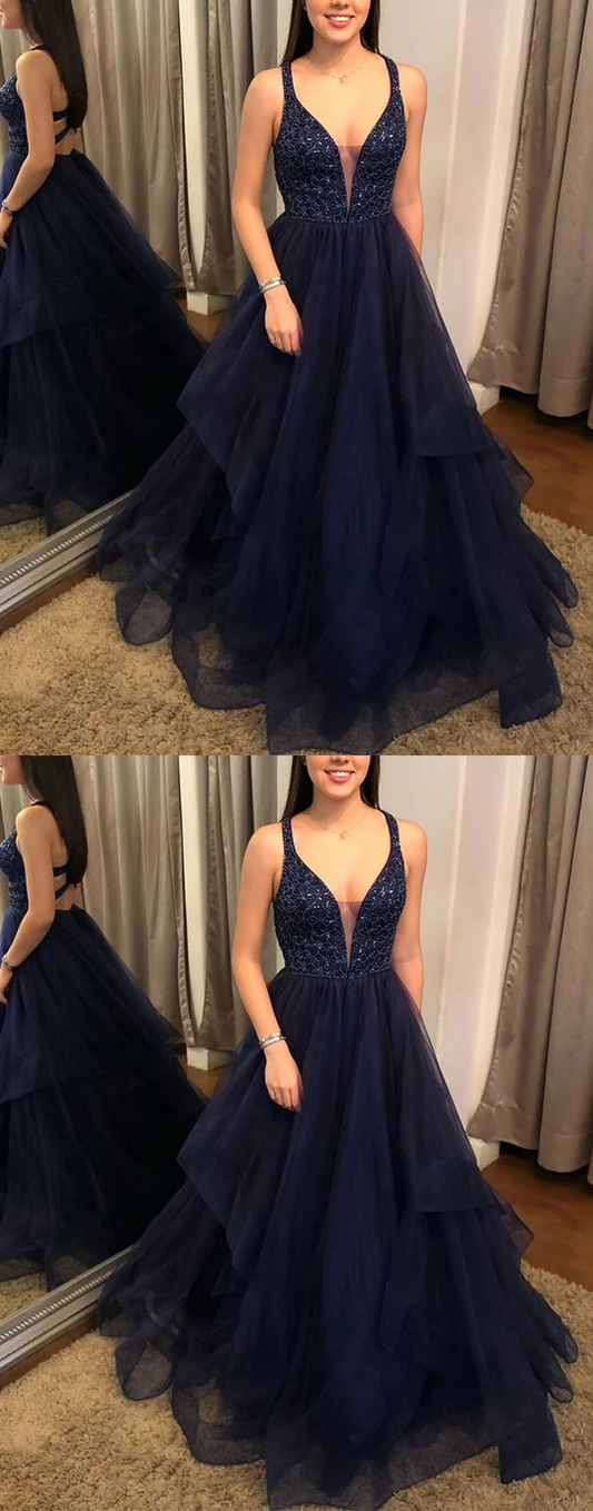 Dark blue tulle v neck long prom dresses tulle formal dresses,HO261