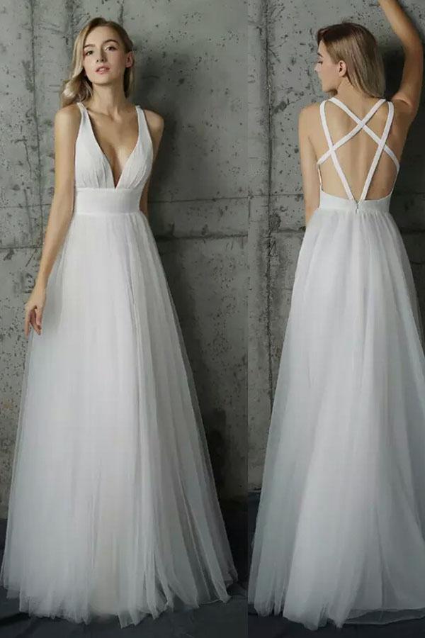 Simply V Neck White Tulle Long Prom Dresses,PD4558913