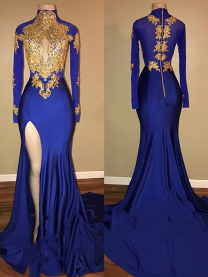 Royal Blue Long Sleeves Side Slit Formal Long Prom Dress,PO60