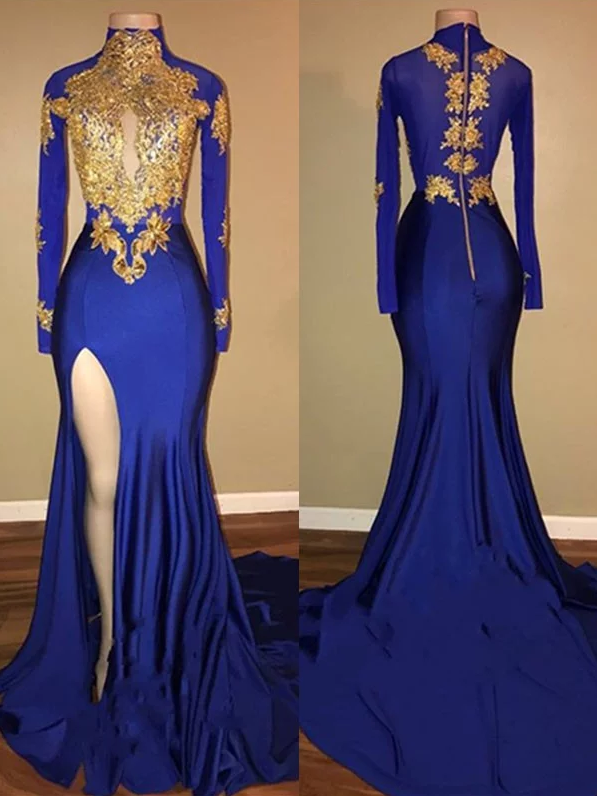 Royal Blue Long Sleeves Side Slit Formal Long Prom Dress,PO60