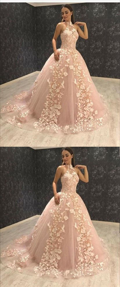 Ball Gown Halter Sweep Train Pink Tulle Prom Dress with Appliques,BH91017