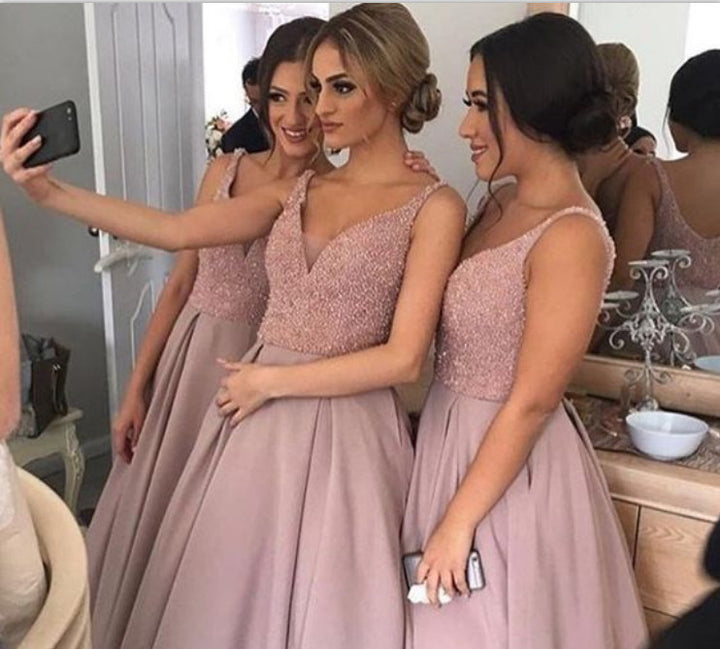 Dusty rose bridesmaid dress,long bridesmaid dress,A-line bridesmaid dress,v-neck bridesmaid dress,BD2010