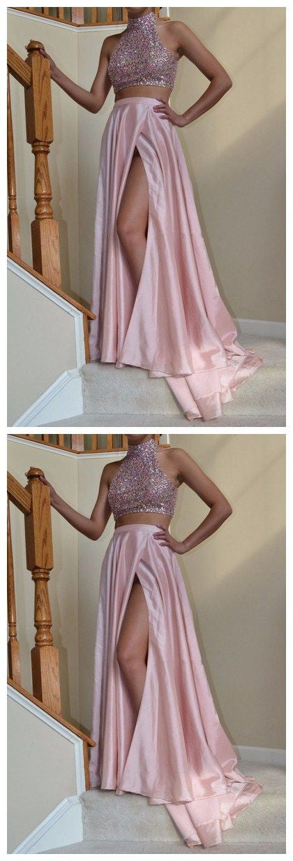 Halter Prom Dresses, Sweetheart Prom Dress,Leg Slit Prom Dresses,Pink Prom Dress,Two Pieces Prom Dresses,PD00221