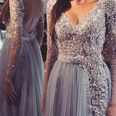 gray prom dress,long Prom Dress,v-neck prom dress,charming evening dress,backless prom dress,BD2714