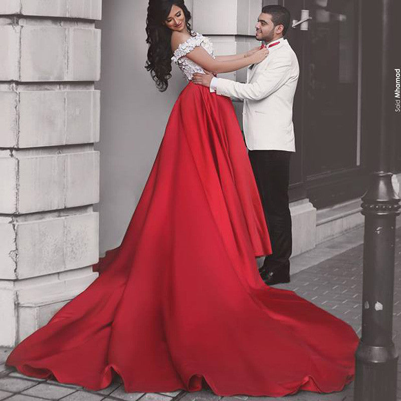 Red Prom Dresses, Cap Sleeve Prom Dress,Gorgeous Prom Dresses,Off-shoulder Prom Dress,Two Pieces Prom Dresses,PD00222