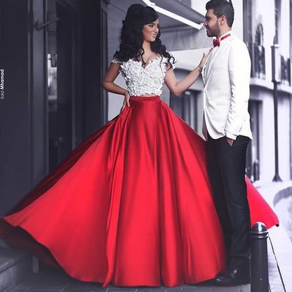 Red Prom Dresses, Cap Sleeve Prom Dress,Gorgeous Prom Dresses,Off-shoulder Prom Dress,Two Pieces Prom Dresses,PD00222