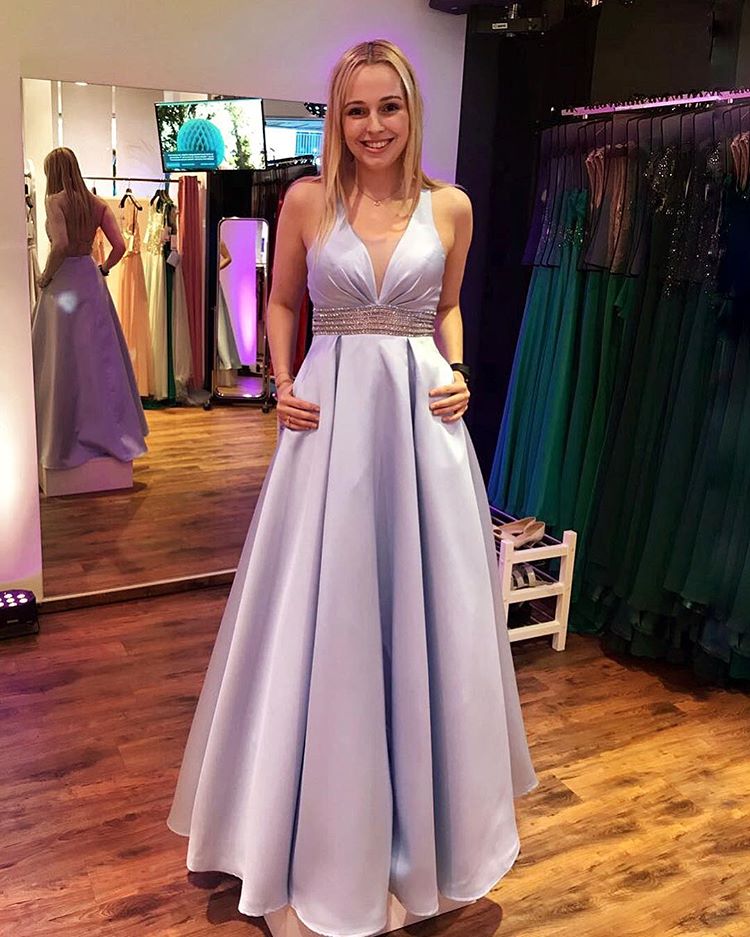 V-Neck Floor length Satin Prom Dress with Beading, BH91286