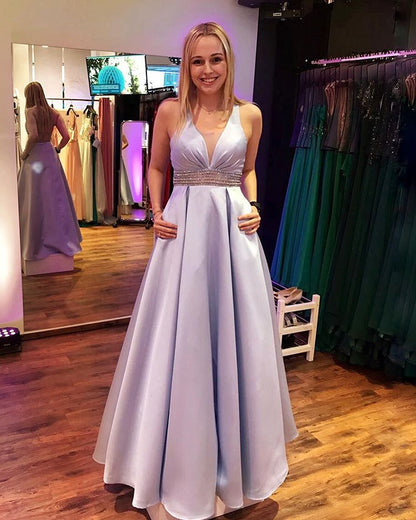 V-Neck Floor length Satin Prom Dress with Beading, BH91286