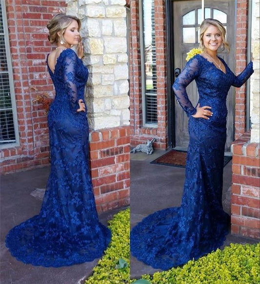 Long Sleeve  Prom Dresses, Mermaid Prom Dress,V-neck Prom Dresses,Royal Blue Prom Dress,Cheap Prom Dresses,PD00227