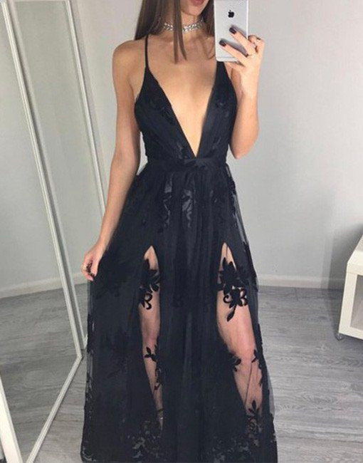 Sexy Prom Dresses, Spaghetti Straps Prom Dress,Deep V-neck Prom Dresses,Black Prom Dress,Cheap Prom Dresses,PD00228