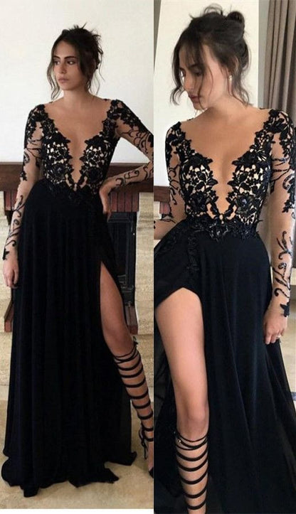 Long Sleeve Prom Dresses, Appliques Prom Dress,Sexy Prom Dresses,Black Prom Dress,Cheap Prom Dresses,PD00229