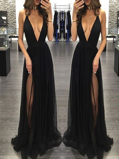 Black Prom Dresses Long, A-line Party Dresses V-neck, Tulle Backless Formal Evening Dresses Sexy,BD16549