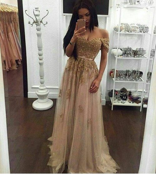 Off the shoulder Gold Prom Dress,Long Prom Dresses,Prom Dresses ,BD1964