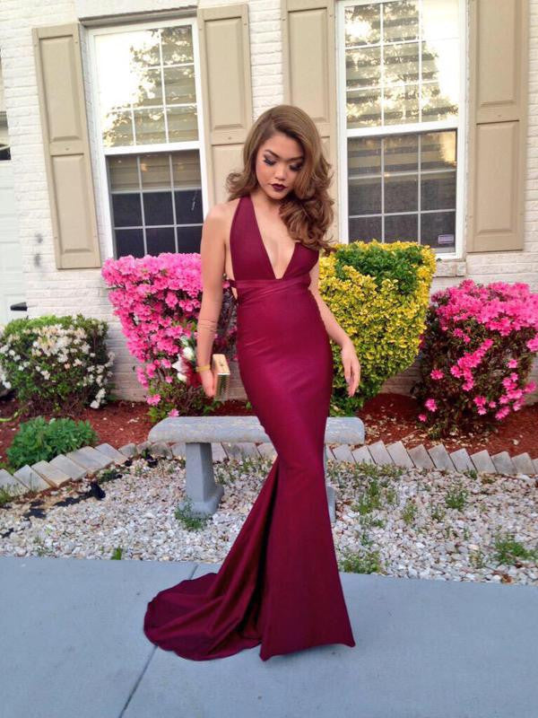 burgundy Prom Dresses, deep v neck prom dress, mermaid prom Dress,long prom dress,evening dress,BD1991