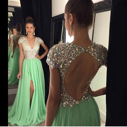 Crystal Prom Dresses, Back Hollow Prom Dress,Leg Slit Prom Dresses,Mint Prom Dress,V-neck Prom Dresses,PD00234