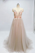 spaghetti straps v-neck tulle with appliques chic long prom dress,HO160