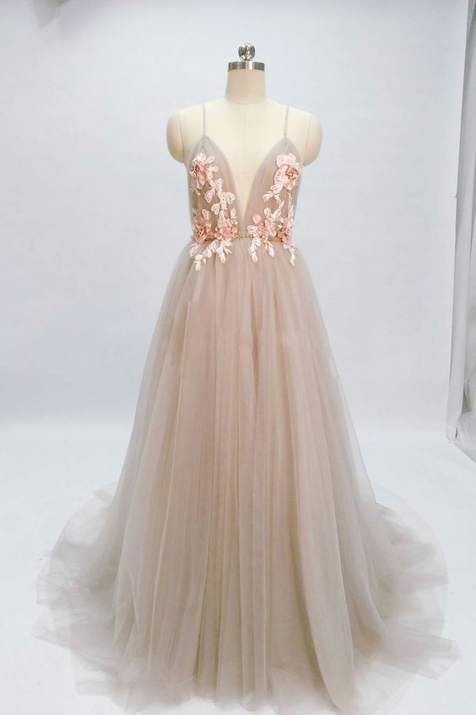 spaghetti straps v-neck tulle with appliques chic long prom dress,HO160