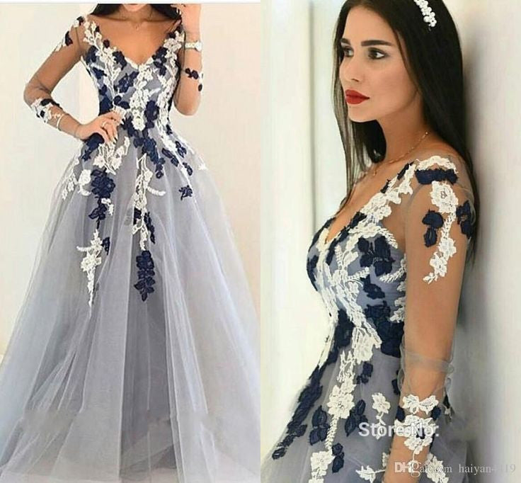 A-line Prom Dresses, Appliques Prom Dress,Long Sleeve Prom Dresses,Cheap Prom Dress,V-neck Prom Dresses,PD00237