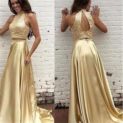 Two Pieces Prom Dresses,Gold Prom Dress,Off-shoulder Prom Dresses,Cheap Prom Dress,Sparkle Prom Dresses,PD00244