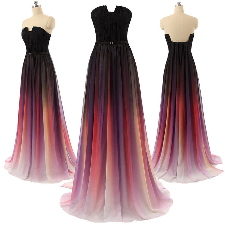 Chiffon prom dress,long Prom Dress,evening gown,gradient evening gown,strapless prom gown,BD1006
