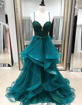 Green tulle lace long prom dress, lace evening dresses,PD790021