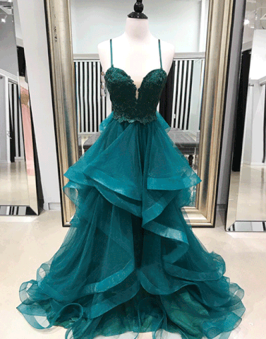 Green tulle lace long prom dress, lace evening dresses,PD790021