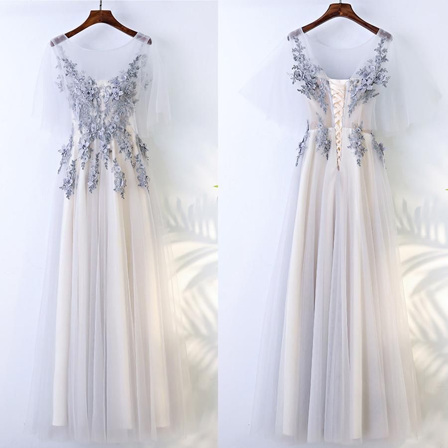 Save Beautiful Half Sleeves Tulle Applique Elegant Cheap Long Prom Dresses,PD455880