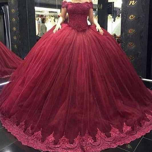 Burgundy Prom Dresses,Ball Gown Prom Dress,Tulle Prom Dresses,Cap Sleeve Prom Dress,Cheap Prom Dresses,PD00261